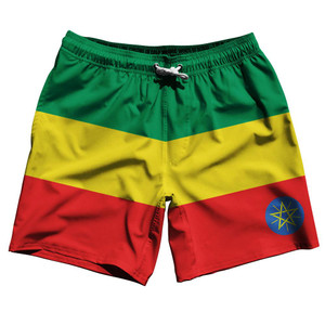Ethiopia Country Flag 7.5" Swim Shorts Made in USA - Green Red Yellow Ethiopia Country Flag 7.5" Swim Shorts Made in USA - Green Red Yellow