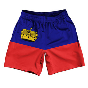 Liechtenstein Country Flag Athletic Running Fitness Exercise Shorts 7" Inseam Made In USA - Blue Yellow Red
