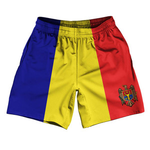 Moldova Country Flag Athletic Running Fitness Exercise Shorts 7" Inseam Made In USA - Blue Yellow Red