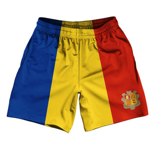 Andorra Country Flag Athletic Running Fitness Exercise Shorts 7" Inseam Made In USA - Blue Red Yellow
