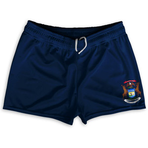 Michigan State Flag Shorty Short Gym Shorts 2.5" Inseam Made in USA - Blue Michigan State Flag Shorty Short Gym Shorts 2.5" Inseam Made in USA - Blue