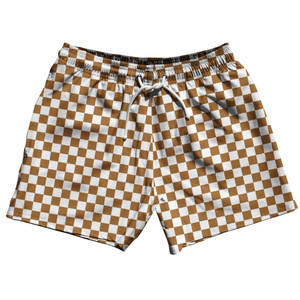 Dark Brown & White Checkerboard 5" Swim Shorts Made in USA-Dark Brown & White Dark Brown & White Checkerboard 5" Swim Shorts Made in USA-Dark Brown & White