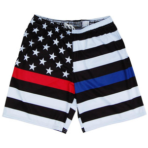Police & Fire American Flag Lacrosse Shorts Made in USA - Blue Red Police & Fire American Flag Lacrosse Shorts Made in USA - Blue Red