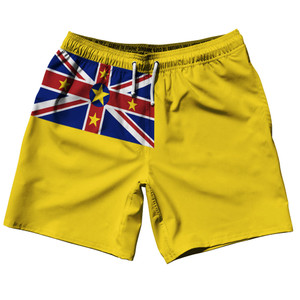 Niue Country Flag 7.5" Swim Shorts Made in USA - Yellow Niue Country Flag 7.5" Swim Shorts Made in USA - Yellow