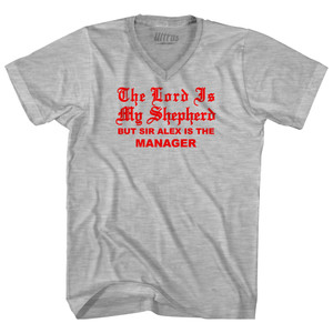 The Lord Is My Sheperd Sir Alex Adult Cotton V-neck T-shirt - Grey Heather