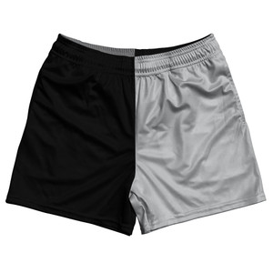 Black And Grey Medium Quad Color Rugby Gym Short 5 Inch Inseam With Pockets Made In USA Black And Grey Medium Quad Color Rugby Gym Short 5 Inch Inseam With Pockets Made In USA