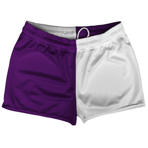 Purple Medium And White Quad Color Shorty Short Gym Shorts 2.5" Inseam Made In USA Purple Medium And White Quad Color Shorty Short Gym Shorts 2.5" Inseam Made In USA