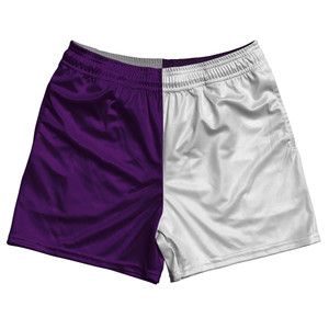 Purple Medium And White Quad Color Rugby Gym Short 5 Inch Inseam With Pockets Made In USA Purple Medium And White Quad Color Rugby Gym Short 5 Inch Inseam With Pockets Made In USA