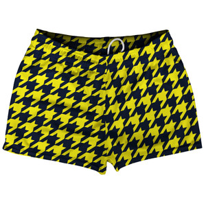 Blue Navy And Yellow Bright Houndstooth Shorty Short Gym Shorts 2.5" Inseam Made In USA Blue Navy And Yellow Bright Houndstooth Shorty Short Gym Shorts 2.5" Inseam Made In USA