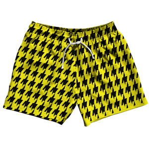 Yellow Bright And Black Houndstooth 5" Swim Shorts Made In USA