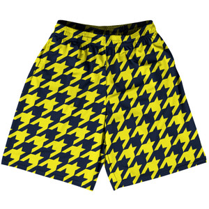Blue Navy And Yellow Bright Houndstooth Basketball Practice Shorts Made In USA Blue Navy And Yellow Bright Houndstooth Basketball Practice Shorts Made In USA