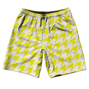 Yellow Bright And White Houndstooth 10" Swim Shorts Made In USA Yellow Bright And White Houndstooth 10" Swim Shorts Made In USA
