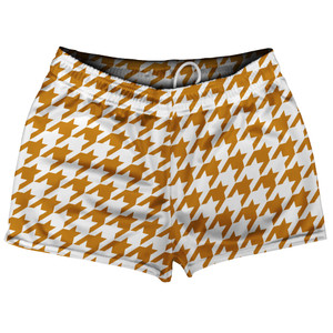 Orange Burnt And White Houndstooth Shorty Short Gym Shorts 2.5" Inseam Made In USA Orange Burnt And White Houndstooth Shorty Short Gym Shorts 2.5" Inseam Made In USA