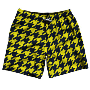 Blue Navy And Yellow Bright Houndstooth Swim Shorts 7" Made In USA Blue Navy And Yellow Bright Houndstooth Swim Shorts 7" Made In USA