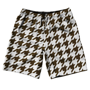 Brown Dark And White Houndstooth 10" Swim Shorts Made In USA Brown Dark And White Houndstooth 10" Swim Shorts Made In USA