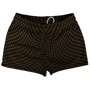 Warped Checkerboard Shorty Short Gym Shorts 2.5" Inseam Made In USA - Brown Dark And Black Warped Checkerboard Shorty Short Gym Shorts 2.5" Inseam Made In USA - Brown Dark And Black
