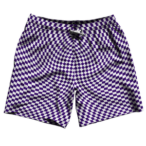 Warped Checkerboard Swim Shorts 7" Made in USA - Purple Lakers And White Warped Checkerboard Swim Shorts 7" Made in USA - Purple Lakers And White