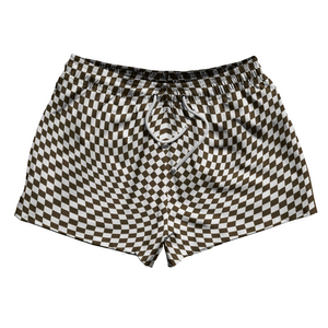 Warped Checkerboard 2.5" Swim Shorts Made in USA - Brown Dark And White Warped Checkerboard 2.5" Swim Shorts Made in USA - Brown Dark And White