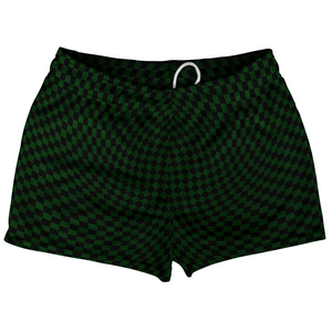 Warped Checkerboard Shorty Short Gym Shorts 2.5" Inseam Made In USA - Green Forest And Black Warped Checkerboard Shorty Short Gym Shorts 2.5" Inseam Made In USA - Green Forest And Black