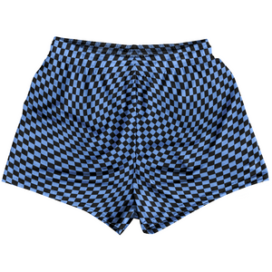 Warped Checkerboard Womens & Girls Sport Shorts End Made In USA - Blue Carolina And Black Warped Checkerboard Womens & Girls Sport Shorts End Made In USA - Blue Carolina And Black