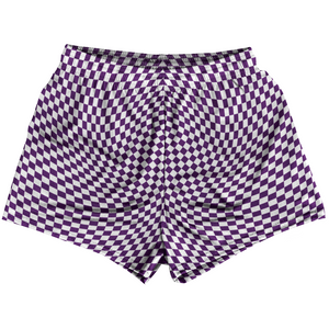 Warped Checkerboard Womens & Girls Sport Shorts End Made In USA - Purple Medium And White Warped Checkerboard Womens & Girls Sport Shorts End Made In USA - Purple Medium And White