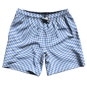 Warped Checkerboard Swim Shorts 7" Made in USA - Blue Carolina And White Warped Checkerboard Swim Shorts 7" Made in USA - Blue Carolina And White