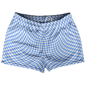 Warped Checkerboard Shorty Short Gym Shorts 2.5" Inseam Made In USA - Blue Carolina And White Warped Checkerboard Shorty Short Gym Shorts 2.5" Inseam Made In USA - Blue Carolina And White