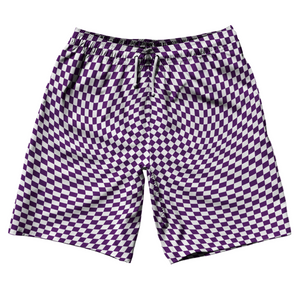 Warped Checkerboard 10" Swim Shorts Made in USA - Purple Medium And White Warped Checkerboard 10" Swim Shorts Made in USA - Purple Medium And White