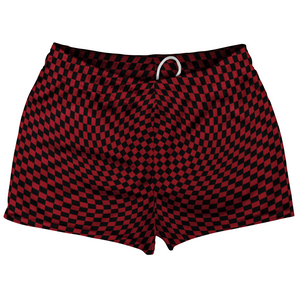 Warped Checkerboard Shorty Short Gym Shorts 2.5" Inseam Made In USA - Red Cardinal And Black Warped Checkerboard Shorty Short Gym Shorts 2.5" Inseam Made In USA - Red Cardinal And Black