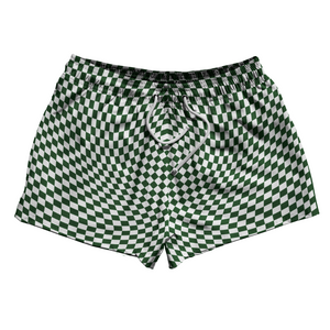 Warped Checkerboard 2.5" Swim Shorts Made in USA - Green Hunter And White Warped Checkerboard 2.5" Swim Shorts Made in USA - Green Hunter And White