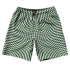 Warped Checkerboard 10" Swim Shorts Made in USA - Green Hunter And White Warped Checkerboard 10" Swim Shorts Made in USA - Green Hunter And White