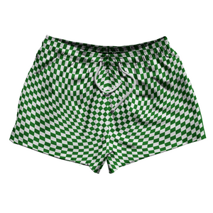 Warped Checkerboard 2.5" Swim Shorts Made in USA - Green Kelly And White Warped Checkerboard 2.5" Swim Shorts Made in USA - Green Kelly And White