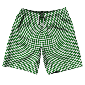 Warped Checkerboard 10" Swim Shorts Made in USA - Green Kelly And White Warped Checkerboard 10" Swim Shorts Made in USA - Green Kelly And White