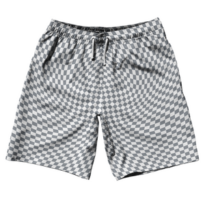 Warped Checkerboard 10" Swim Shorts Made in USA - Grey Dark And White Warped Checkerboard 10" Swim Shorts Made in USA - Grey Dark And White