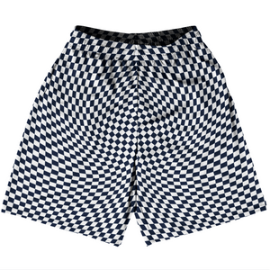 Warped Checkerboard Basketball Practice Shorts Made In USA - Blue Navy And White Warped Checkerboard Basketball Practice Shorts Made In USA - Blue Navy And White
