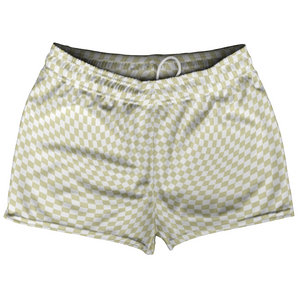 Warped Checkerboard Shorty Short Gym Shorts 2.5" Inseam Made In USA - Vegas Gold And White Warped Checkerboard Shorty Short Gym Shorts 2.5" Inseam Made In USA - Vegas Gold And White