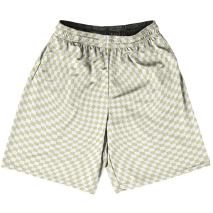 Warped Checkerboard Basketball Practice Shorts Made In USA - Vegas Gold And White Warped Checkerboard Basketball Practice Shorts Made In USA - Vegas Gold And White