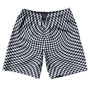 Warped Checkerboard 10" Swim Shorts Made in USA - Blue Navy And White Warped Checkerboard 10" Swim Shorts Made in USA - Blue Navy And White