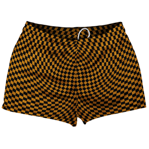 Warped Checkerboard Shorty Short Gym Shorts 2.5" Inseam Made In USA - Orange Burnt And Black Warped Checkerboard Shorty Short Gym Shorts 2.5" Inseam Made In USA - Orange Burnt And Black