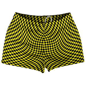 Warped Checkerboard Shorty Short Gym Shorts 2.5" Inseam Made In USA - Yellow Bright And Black Warped Checkerboard Shorty Short Gym Shorts 2.5" Inseam Made In USA - Yellow Bright And Black