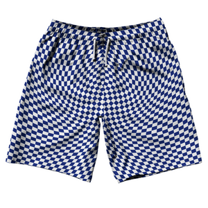 Warped Checkerboard 10" Swim Shorts Made in USA - Blue Royal And White Warped Checkerboard 10" Swim Shorts Made in USA - Blue Royal And White