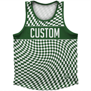 Warped Checkerboard Custom Athletic Sport Tank Top Made In USA - Green Hunter And White Warped Checkerboard Custom Athletic Sport Tank Top Made In USA - Green Hunter And White
