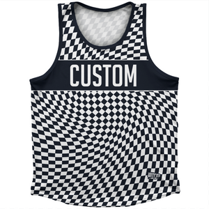 Warped Checkerboard Custom Athletic Sport Tank Top Made In USA - Blue Navy Almost Black And White Warped Checkerboard Custom Athletic Sport Tank Top Made In USA - Blue Navy Almost Black And White