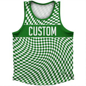 Warped Checkerboard Custom Athletic Sport Tank Top Made In USA - Green Kelly And White Warped Checkerboard Custom Athletic Sport Tank Top Made In USA - Green Kelly And White