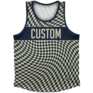 Warped Checkerboard Custom Athletic Sport Tank Top Made In USA - Blue Navy And Vegas Gold Warped Checkerboard Custom Athletic Sport Tank Top Made In USA - Blue Navy And Vegas Gold