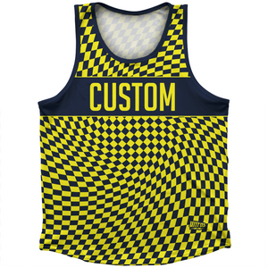 Warped Checkerboard Custom Athletic Sport Tank Top Made In USA - Blue Navy And Yellow Bright Warped Checkerboard Custom Athletic Sport Tank Top Made In USA - Blue Navy And Yellow Bright