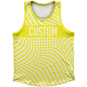 Warped Checkerboard Custom Athletic Sport Tank Top Made In USA - Yellow Bright And White Warped Checkerboard Custom Athletic Sport Tank Top Made In USA - Yellow Bright And White