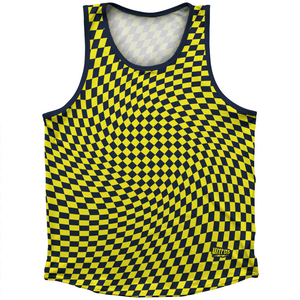 Warped Checkerboard Athletic Sport Tank Top Made In USA - Blue Navy And Yellow Bright Warped Checkerboard Athletic Sport Tank Top Made In USA - Blue Navy And Yellow Bright