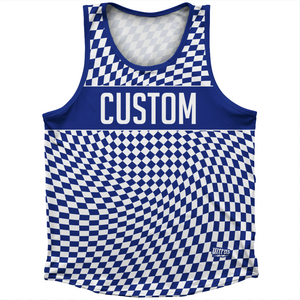Warped Checkerboard Custom Athletic Sport Tank Top Made In USA - Blue Royal And White Warped Checkerboard Custom Athletic Sport Tank Top Made In USA - Blue Royal And White