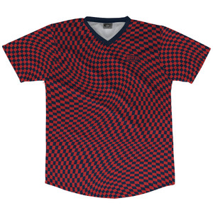 Warped Checkerboard Soccer Jersey Made In USA - Blue Navy And Red Dark Warped Checkerboard Soccer Jersey Made In USA - Blue Navy And Red Dark